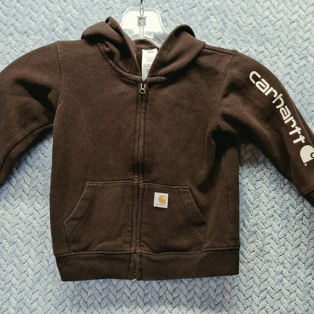 Carhartt Baby Boys Brown Zip Front Hooded Sweatshirt Logo Sleeve ST8948-B 18M